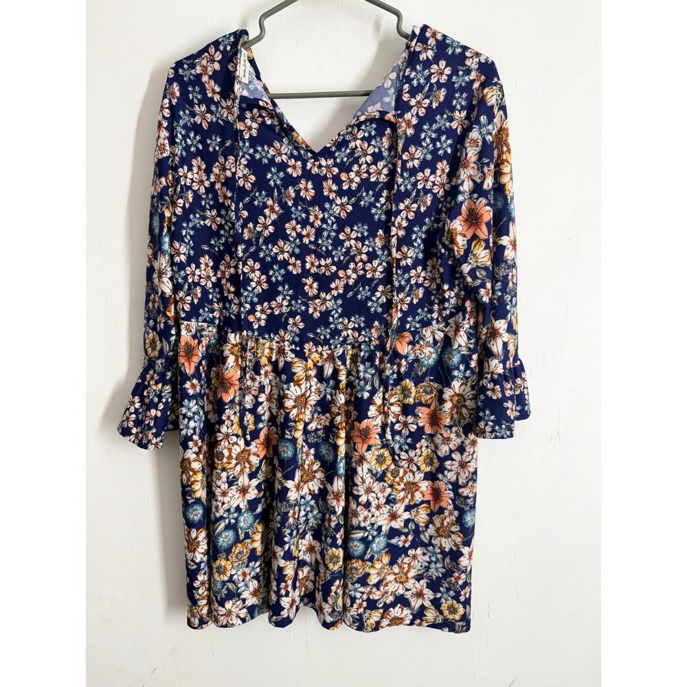 Seven Forty Two Floral Babydoll Dress Navy Blue V-Neck Ruffle Sleeve Mini M